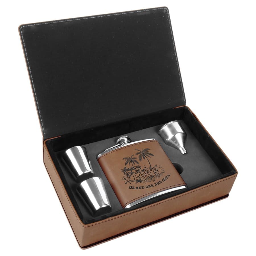 Dark Brown Leatherette Flask Set