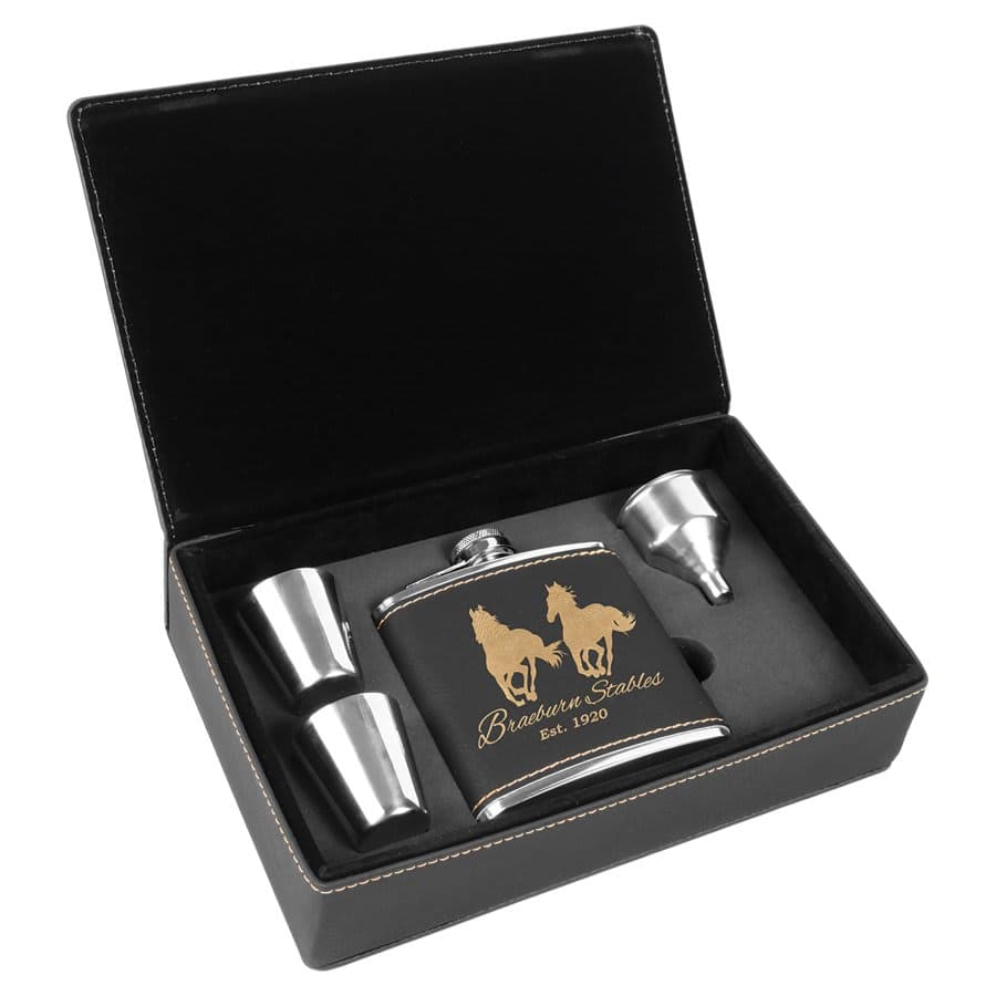 Black/Gold Leatherette Flask Set