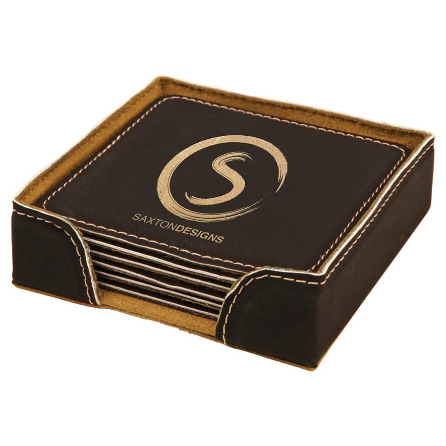 Black/Gold Square Leatherette 6-Coaster Set