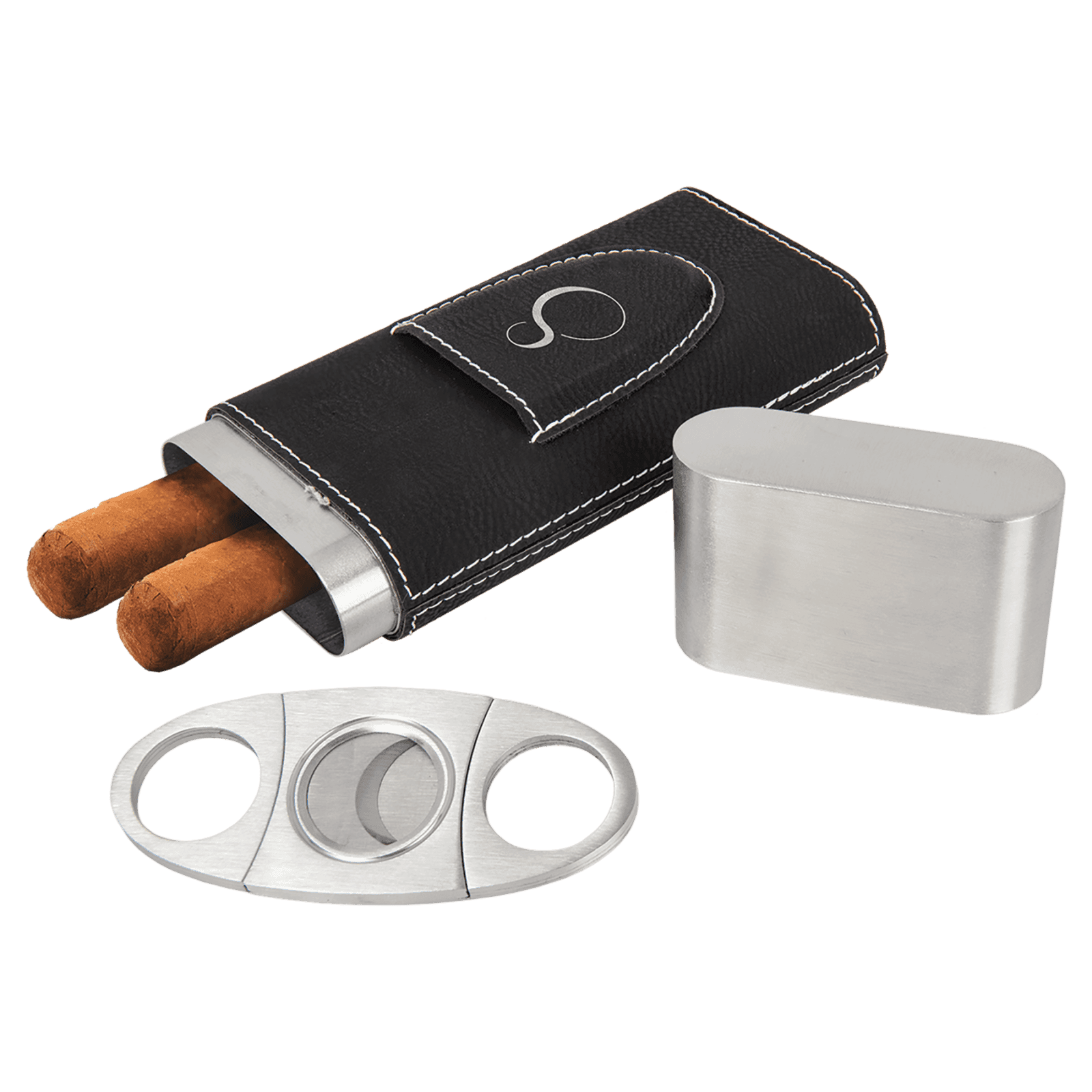 Black/Silver Leatherette Cigar Case with Cutter