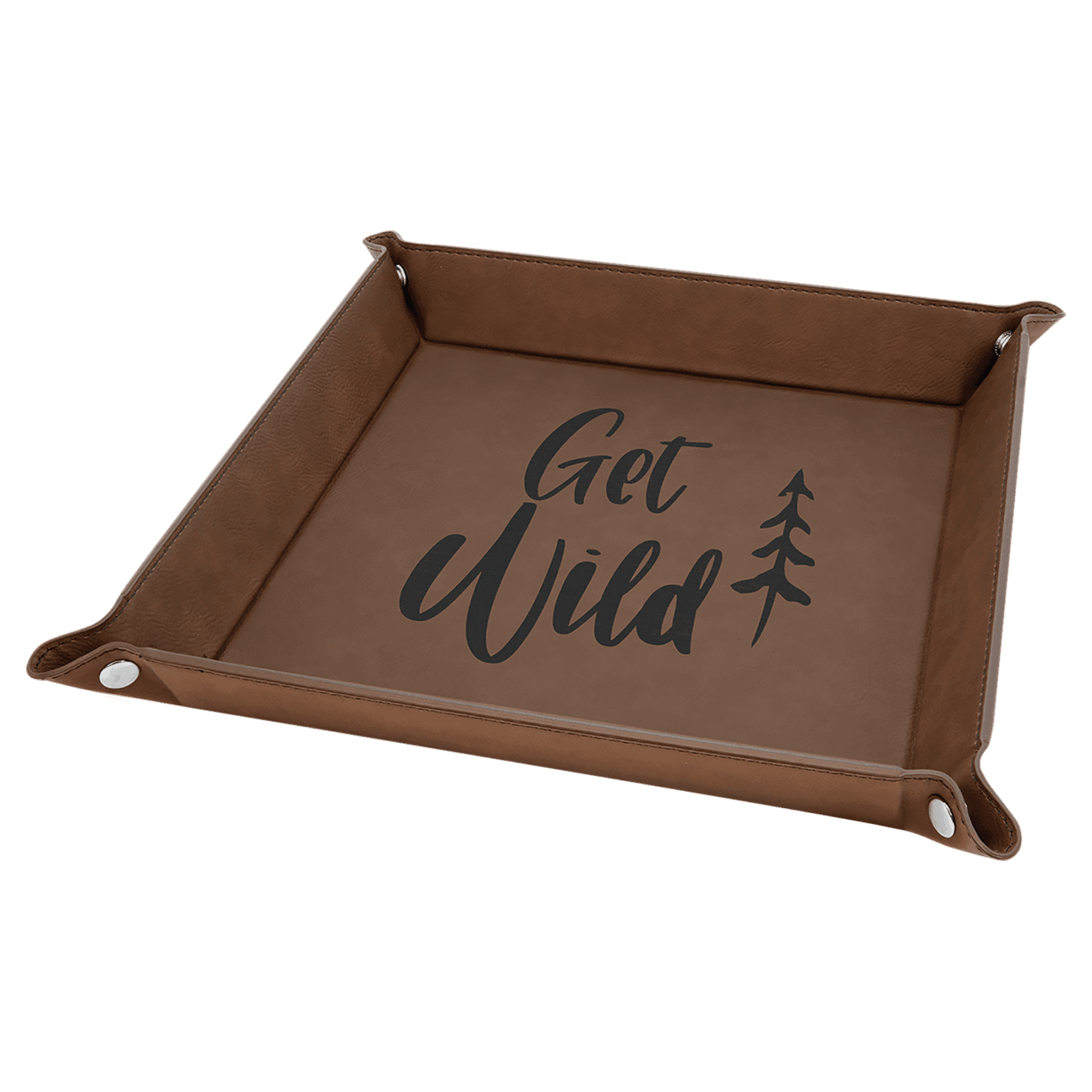 9" x 9" Dark Brown Laserable Leatherette Snap Up Tray with Silver Snaps