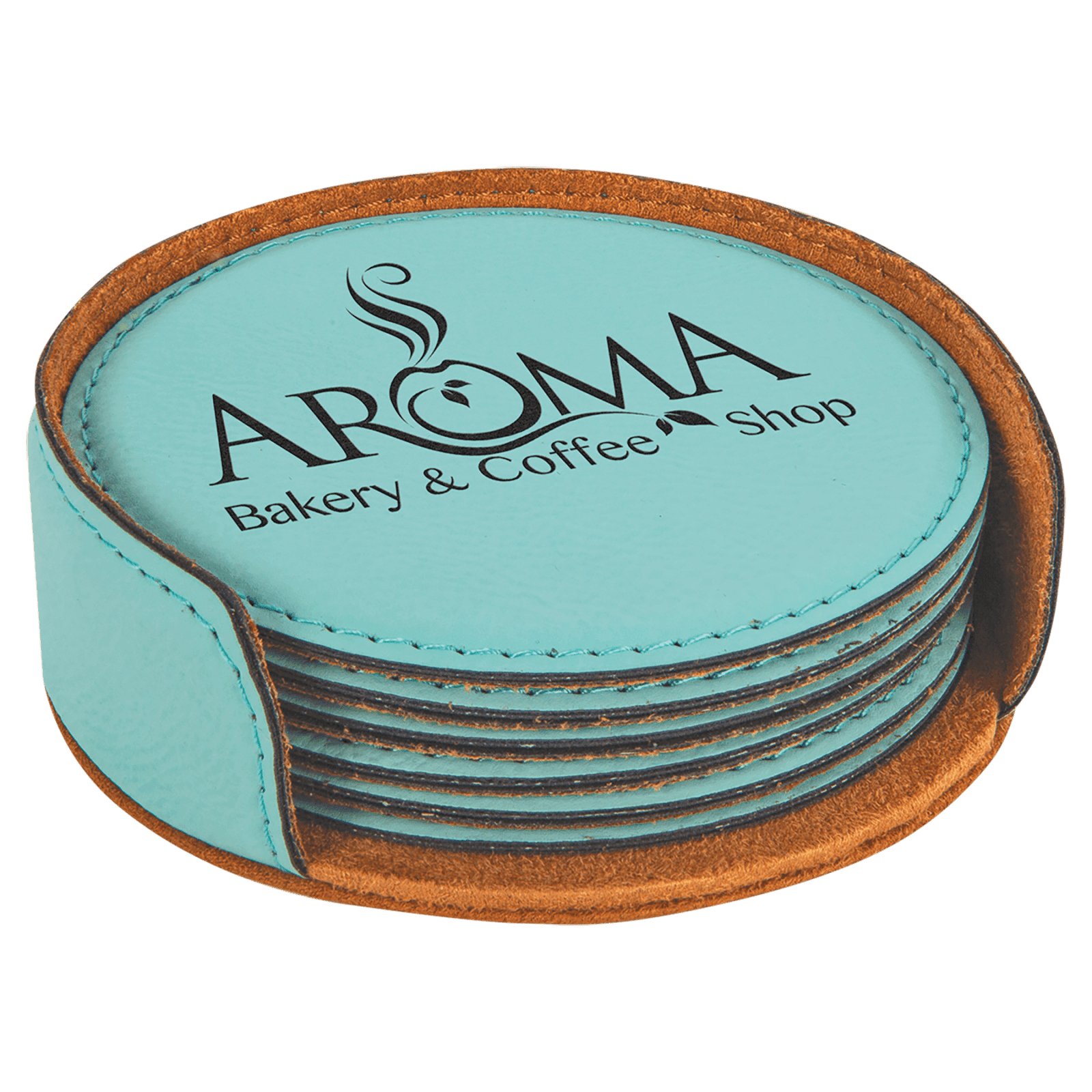 Teal Round Leatherette 6-Coaster Set
