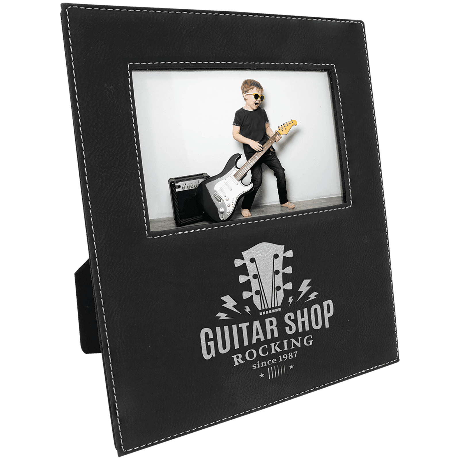 Black/Silver Leatherette Photo Frame with Large Engraving Area