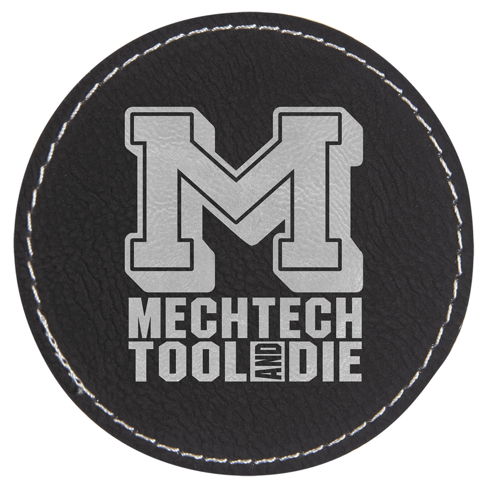 3" Black/Silver Round Leatherette Patch with Adhesive