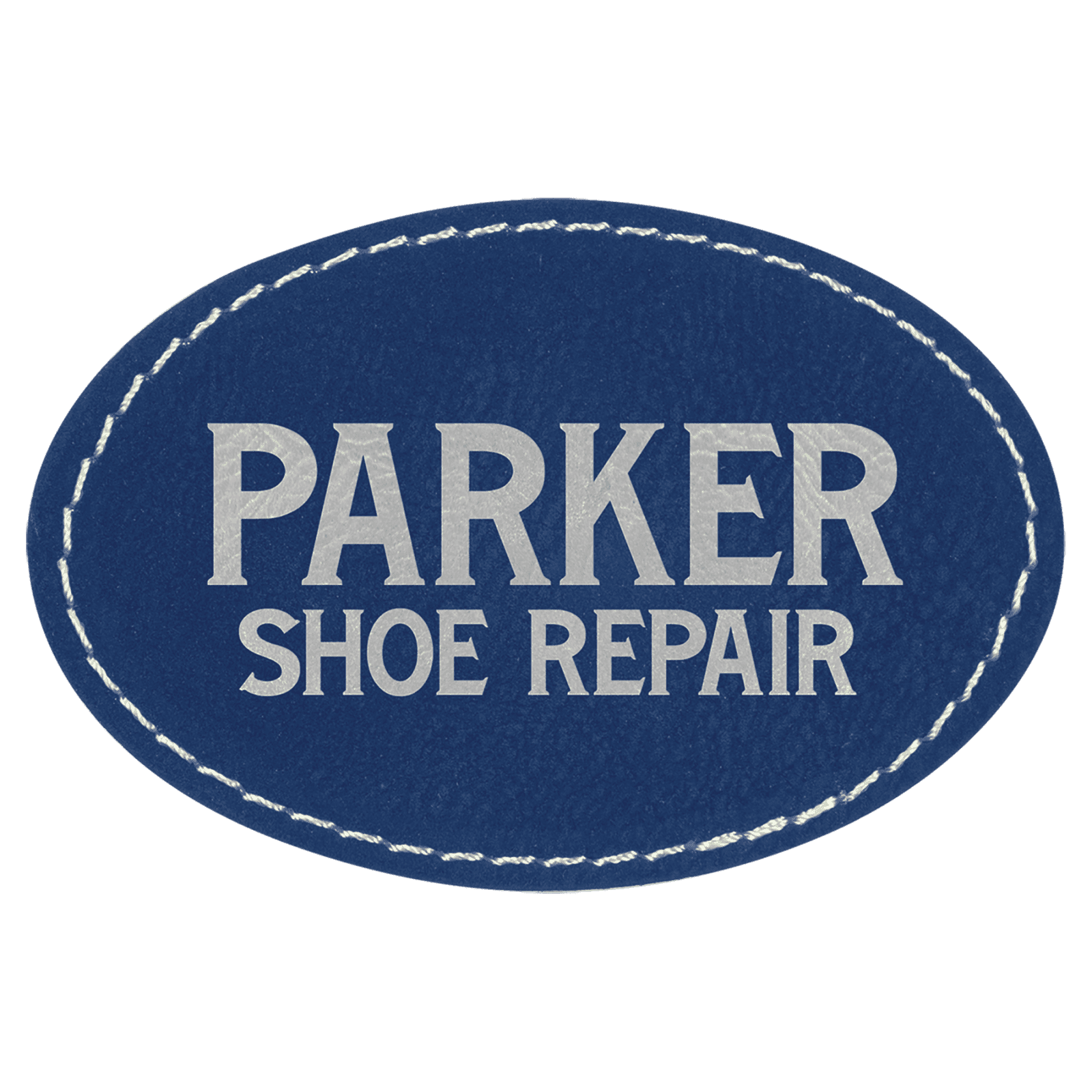 Oval Blue/Silver Laserable Leatherette Patch with Adhesive