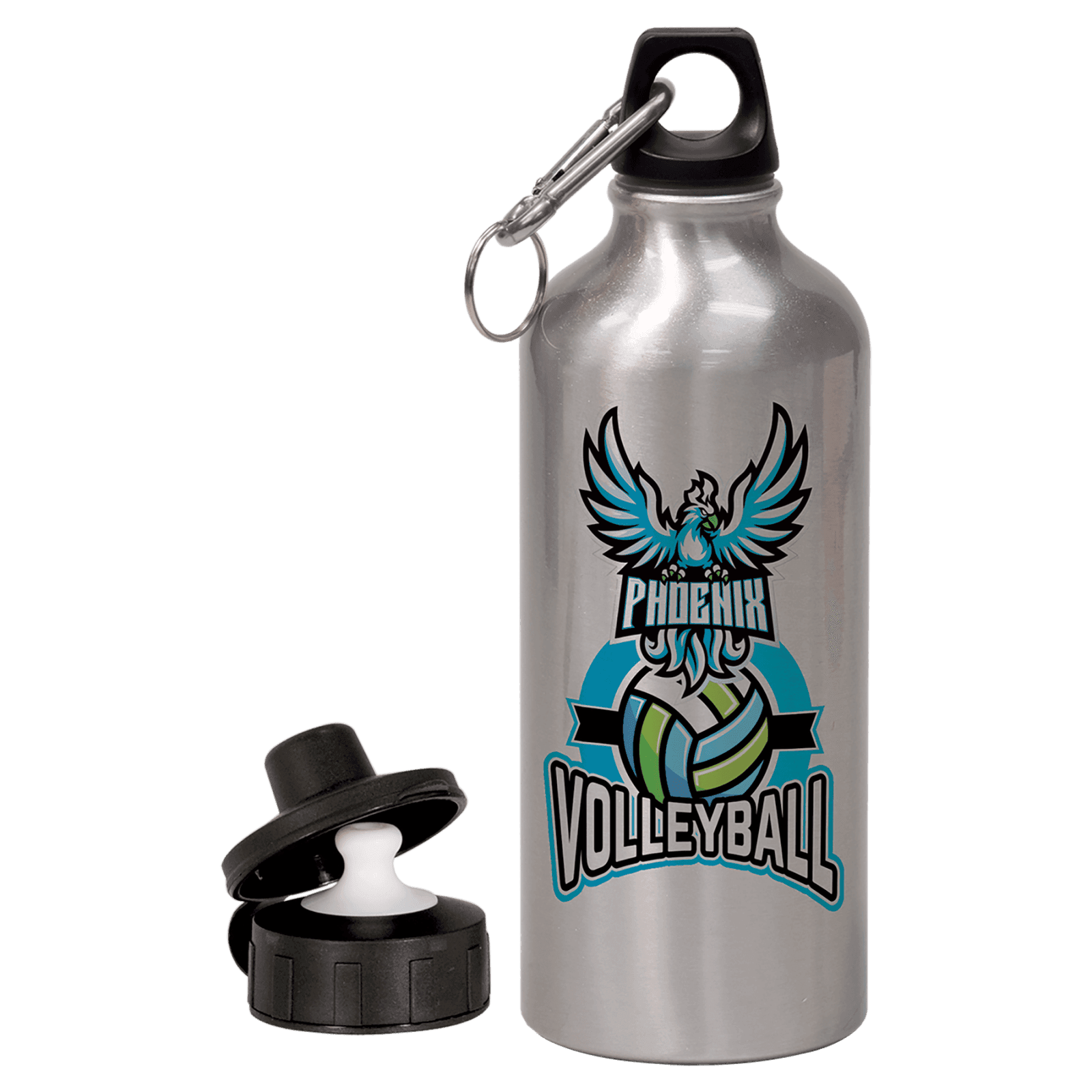 Silver Aluminum 20 oz. Water Bottle with 2 Lids and Carabiner