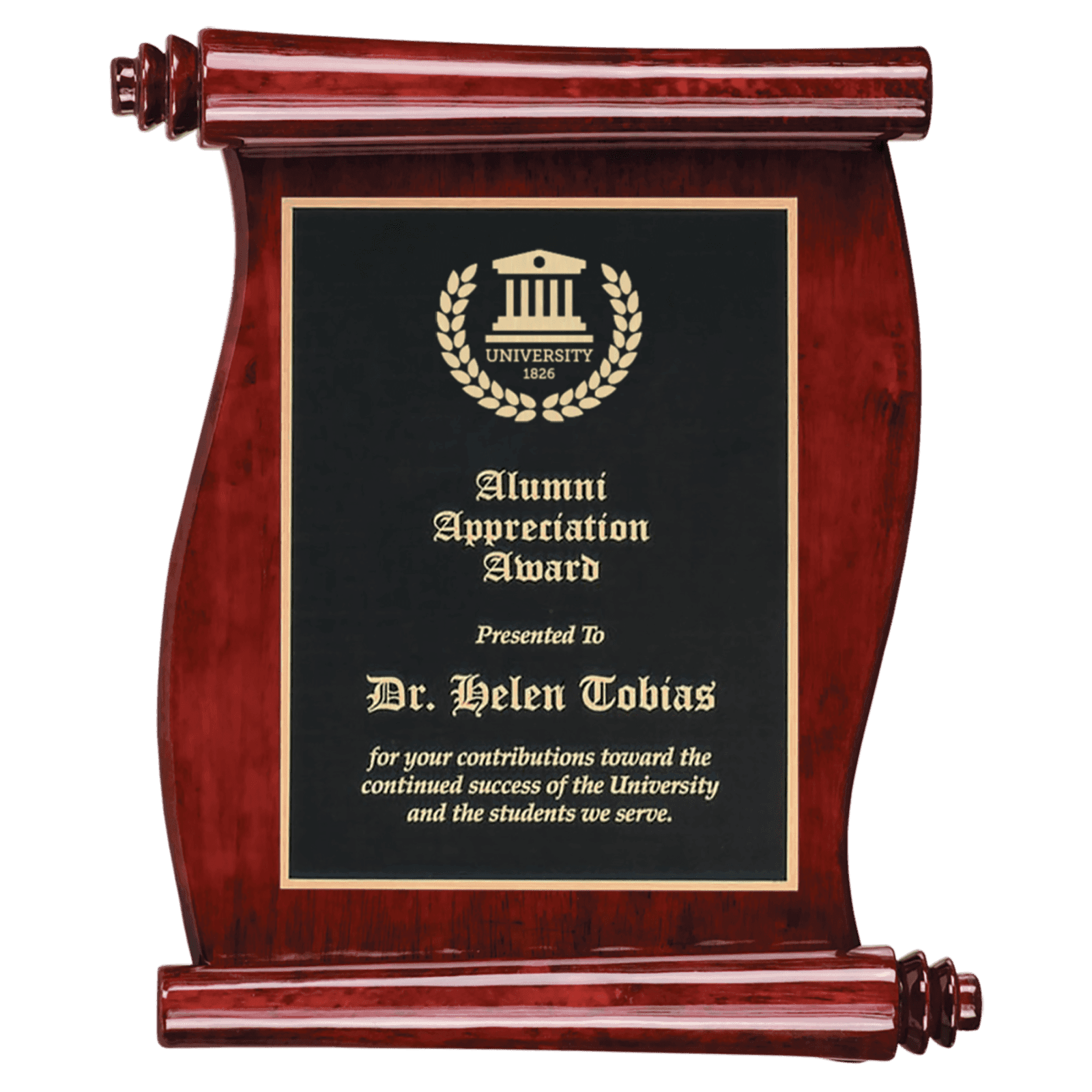 7 1/2" x 8 3/4" Rosewood Finish Scroll Plaque with Black Plate