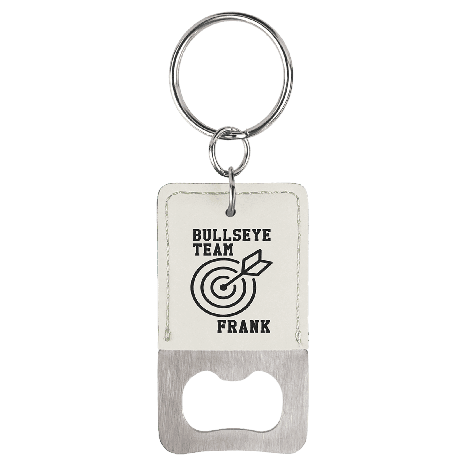 White Leatherette Rectangle Bottle Opener with Keychain