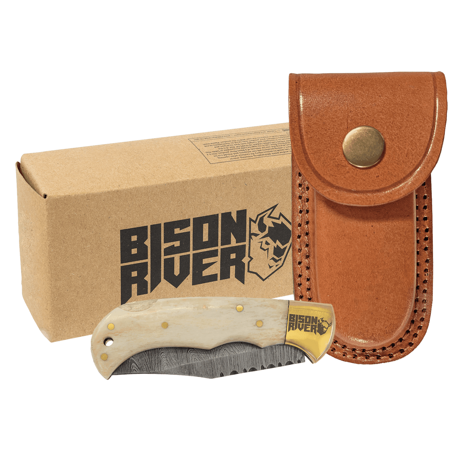 Bone Folding Knife with Damascus Steel Blade and Leather Sheath