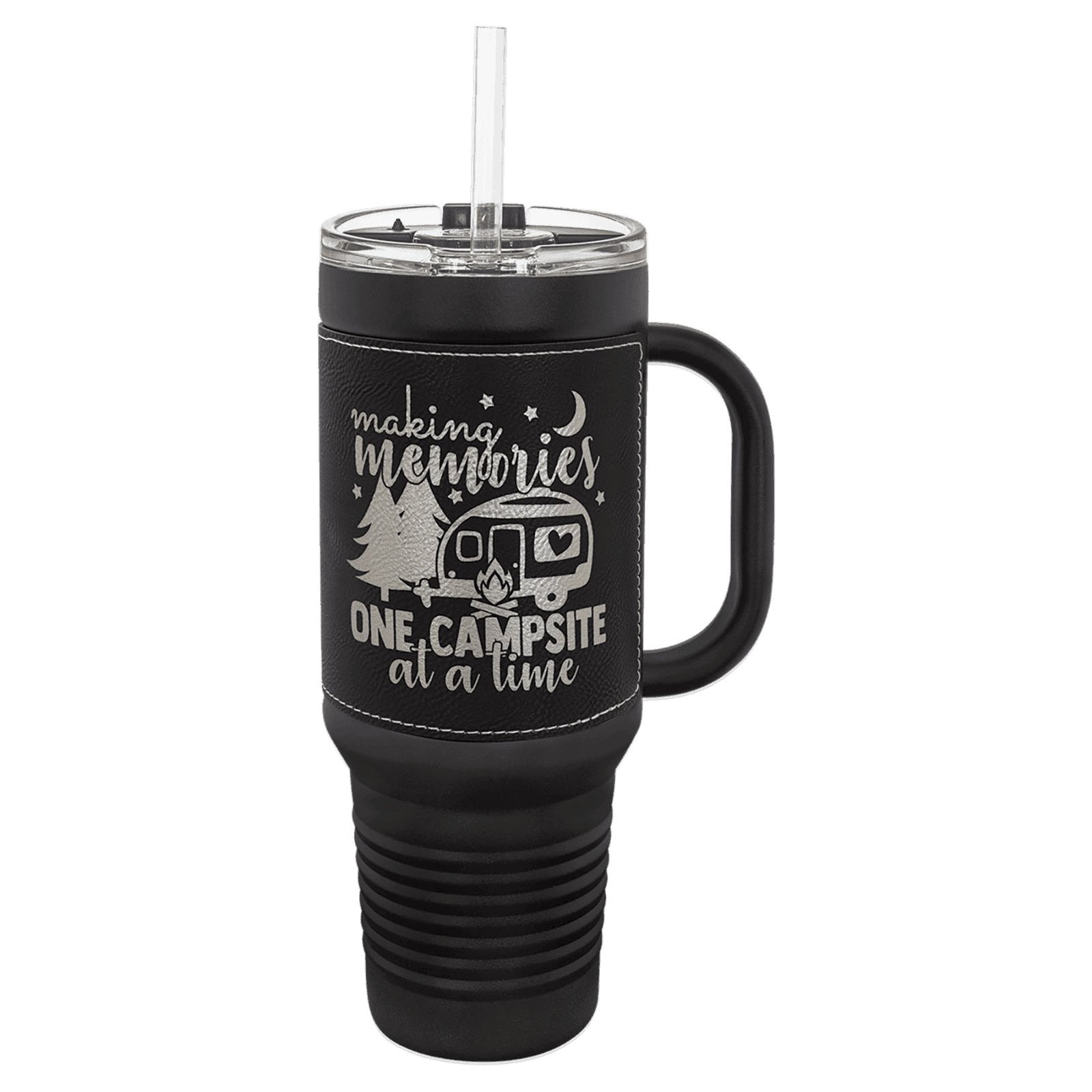 Polar Camel Black with Black/Silver Leatherette 40 oz. Travel Mug with Straw