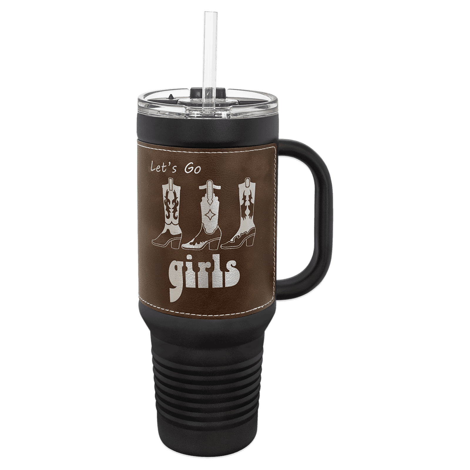 Polar Camel Black with Rustic/Silver Leatherette 40 oz. Travel Mug with Straw