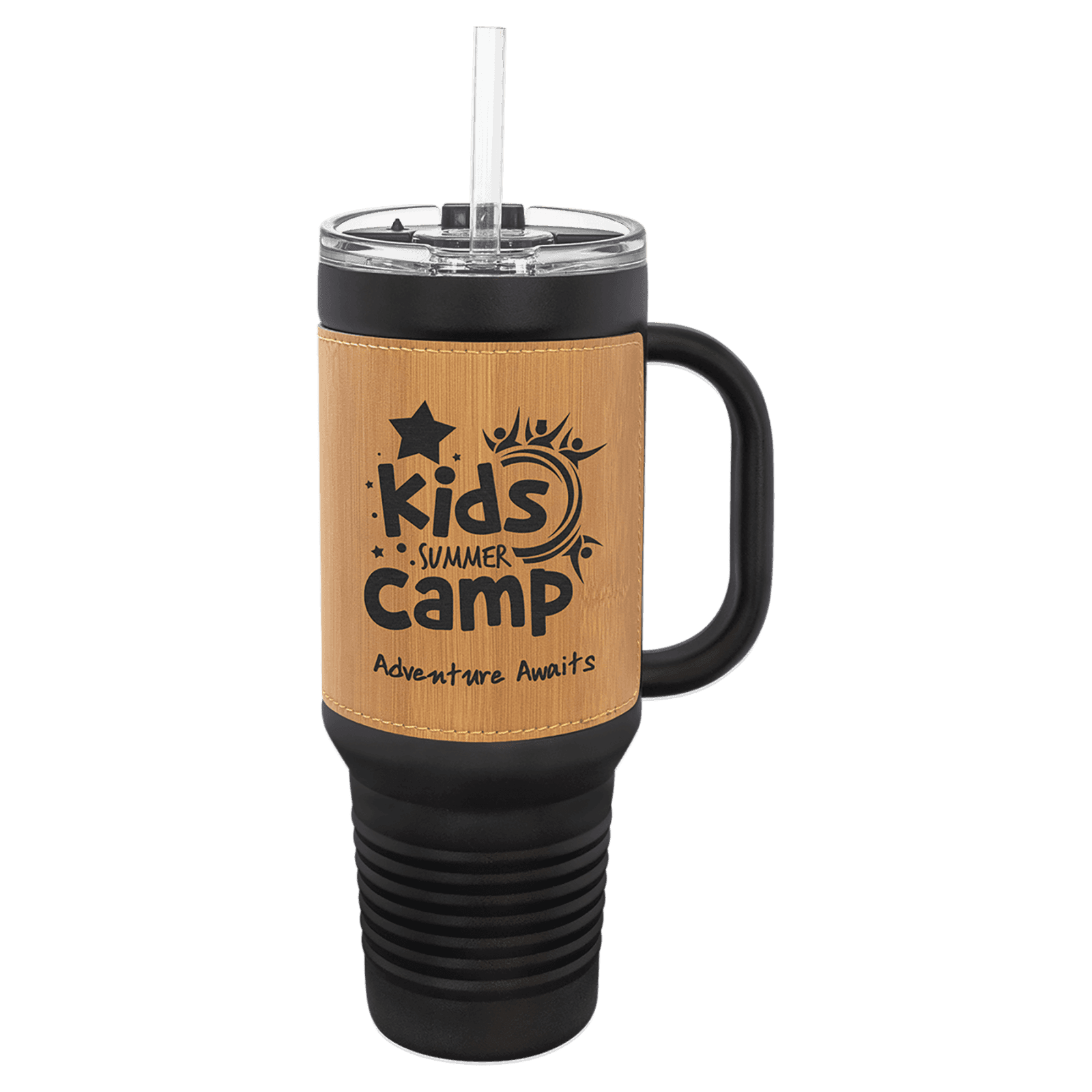 Polar Camel Black with Bamboo Leatherette 40 oz. Travel Mug with Straw