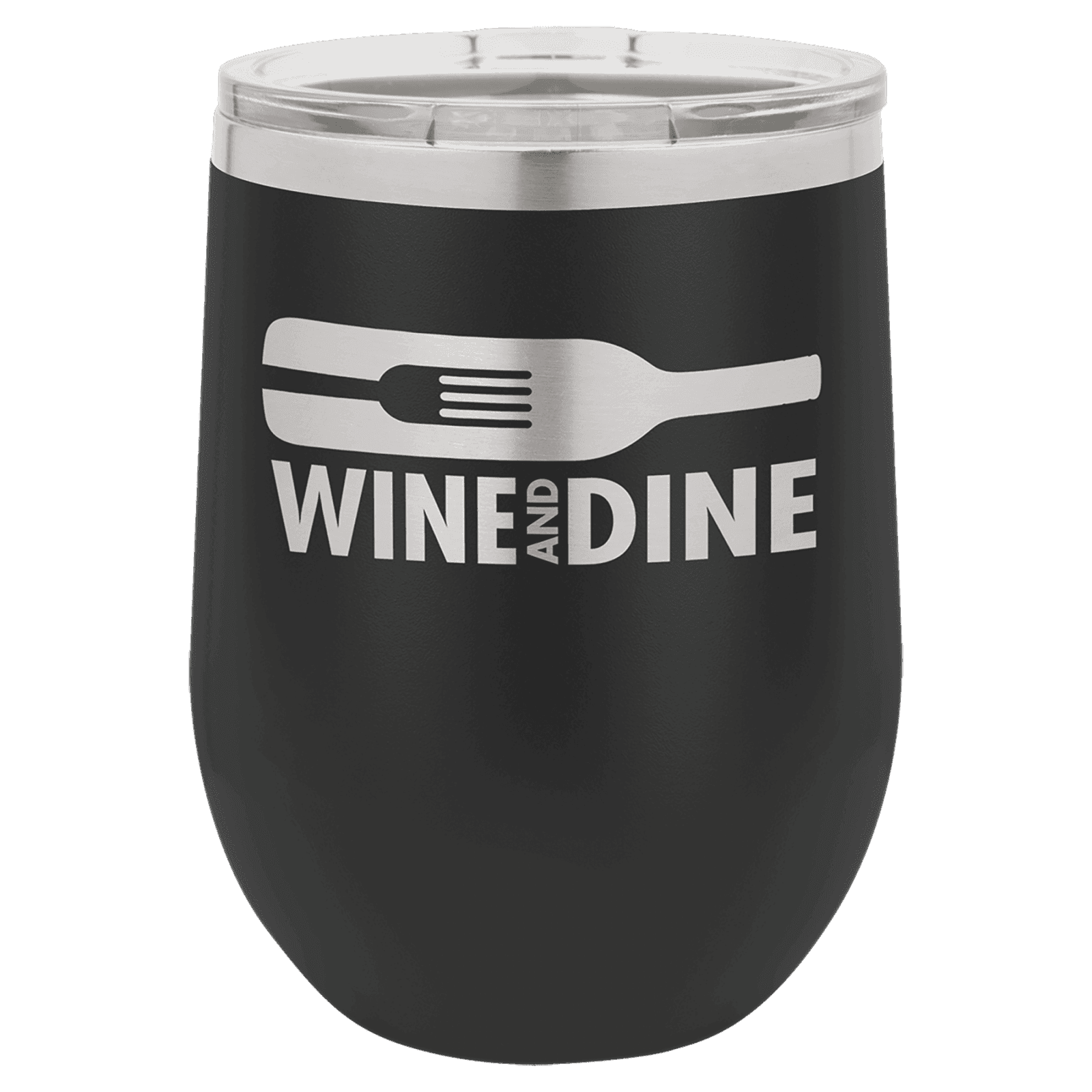 Black 12 oz. Polar Camel Stemless Wine Glass with Clear Lid
