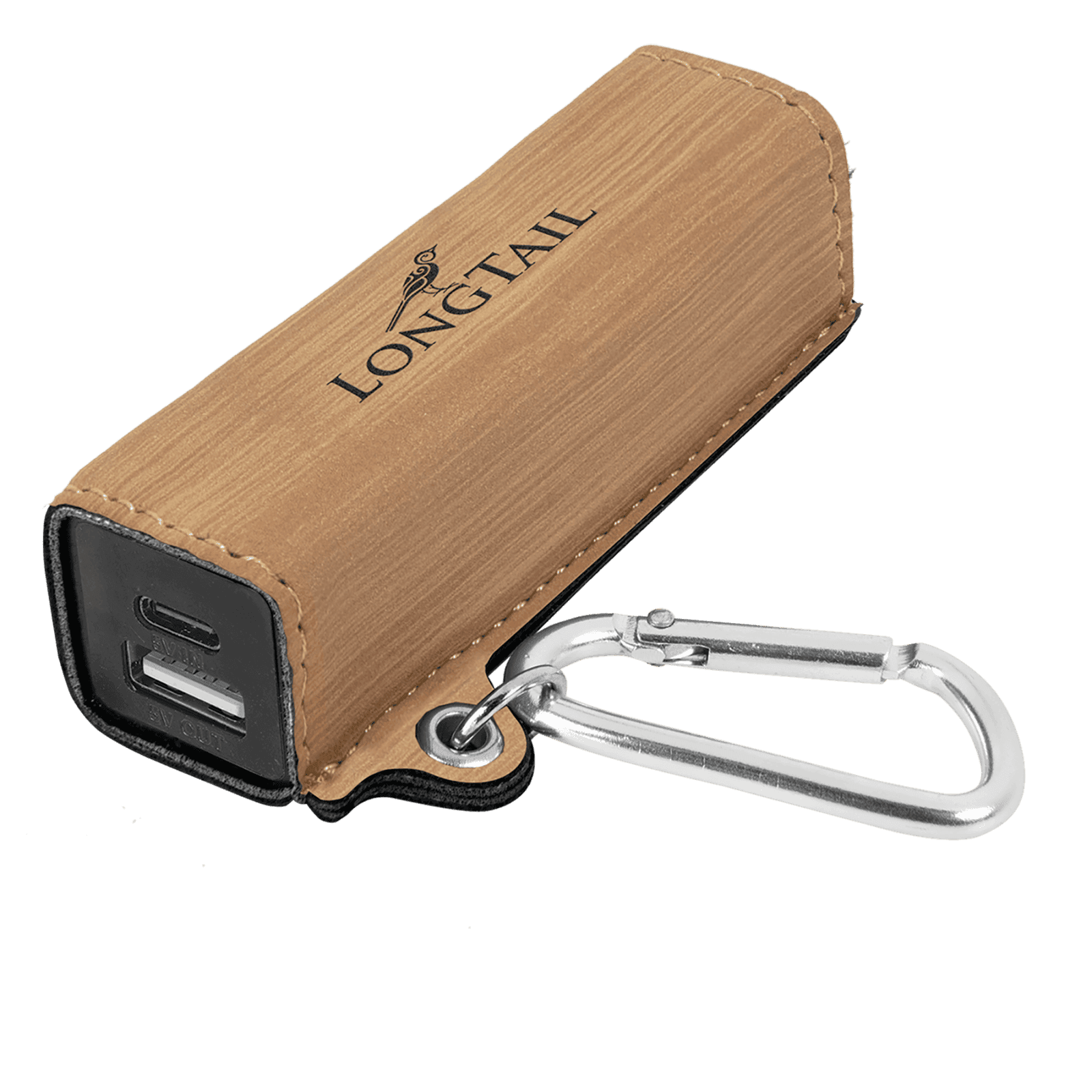 Bamboo Leatherette 2200mAh Power Bank with USB-C Charging Cord & Carabiner