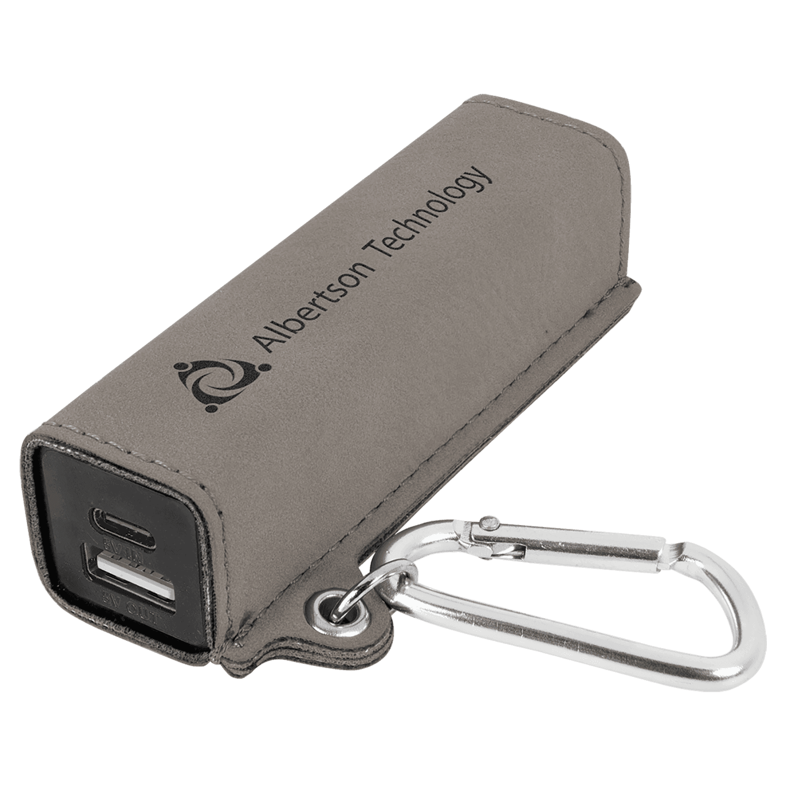 Gray Leatherette 2200mAh Power Bank with USB-C Charging Cord and Carabiner