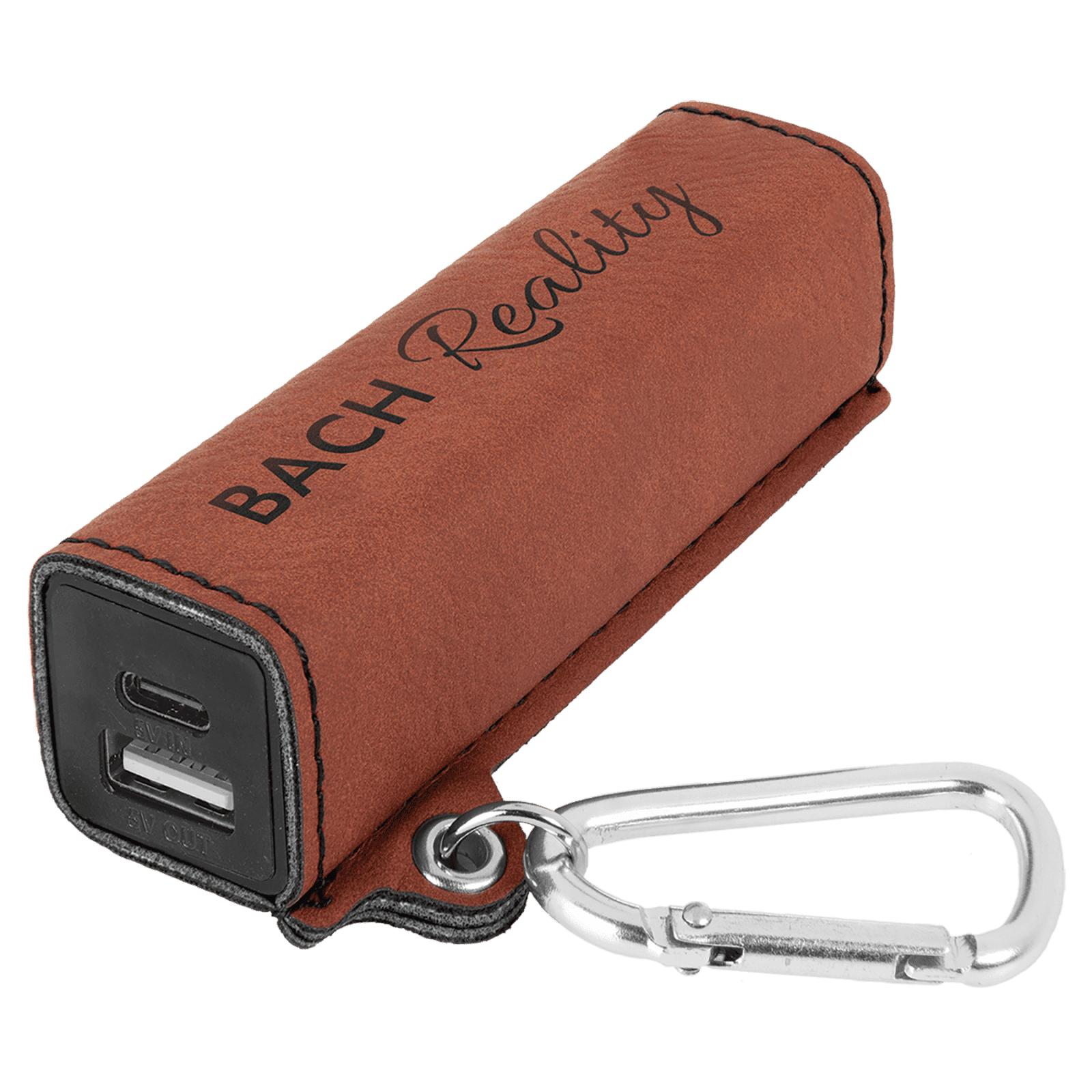 Black/Gold Leatherette 2200mAh Power Bank with USB-C Charging Cord and Carabiner