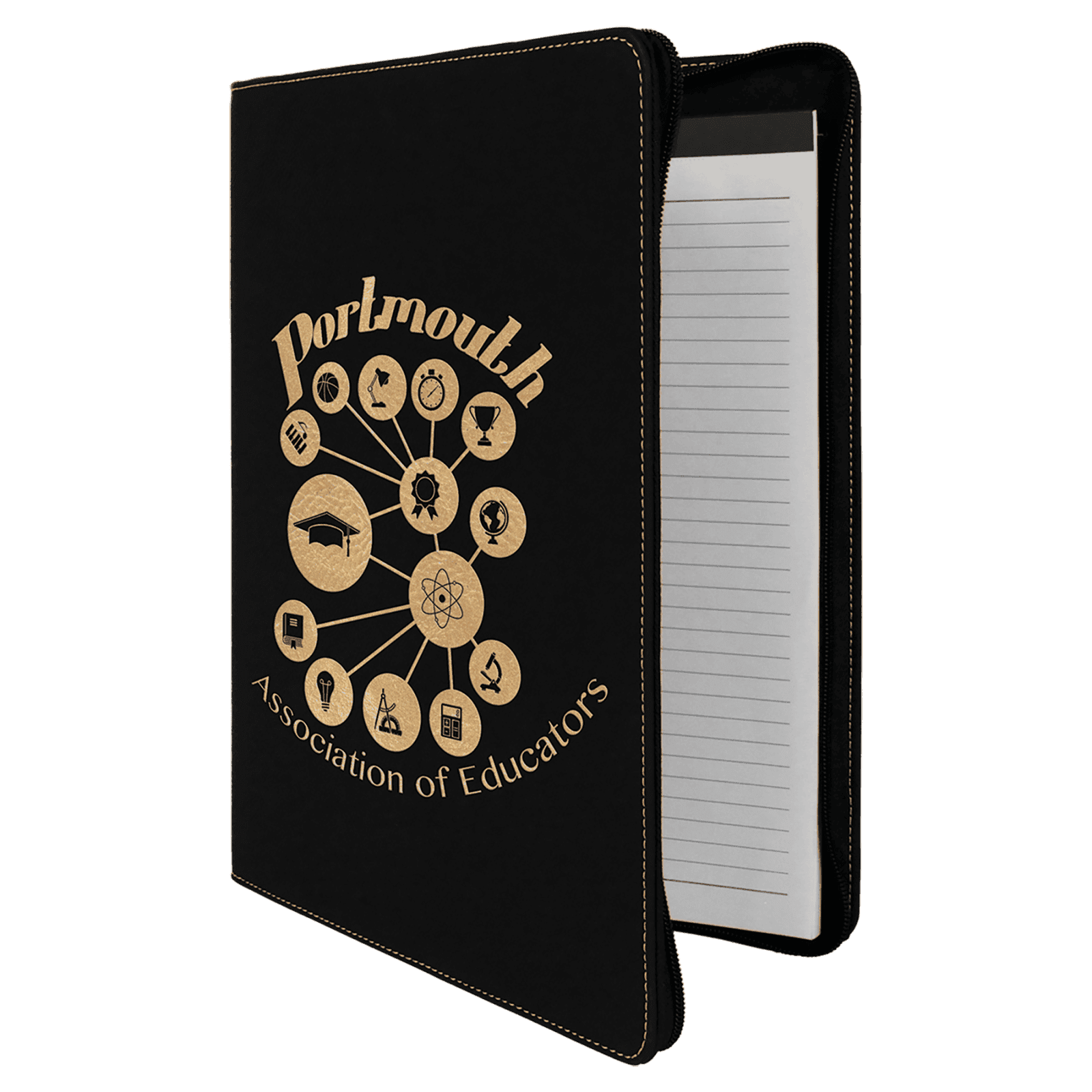 Black/Gold Leatherette Portfolio with Zipper & Notepad
